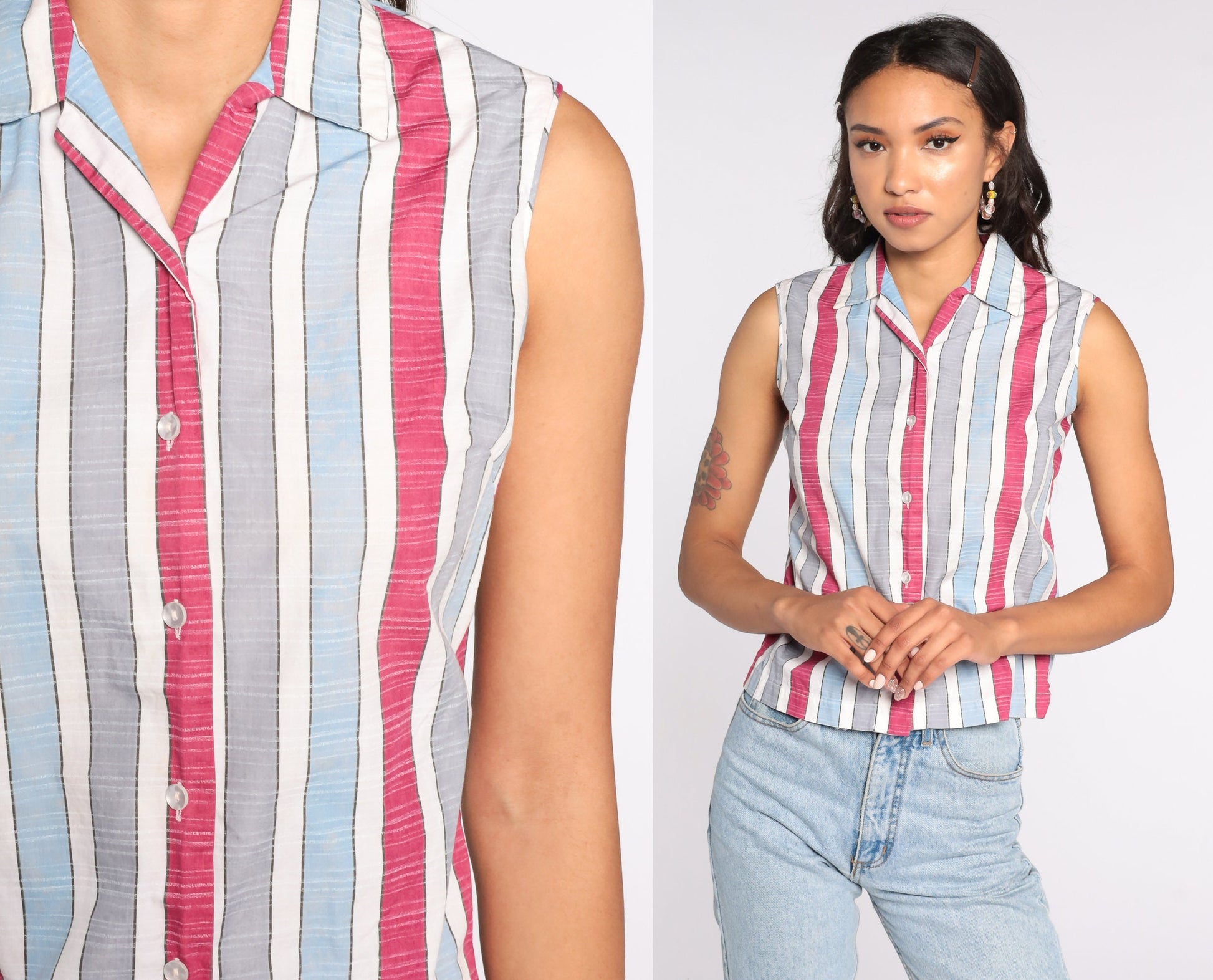70s Striped Sleeveless Button-Up Blouse Cotton Blend Extra Small