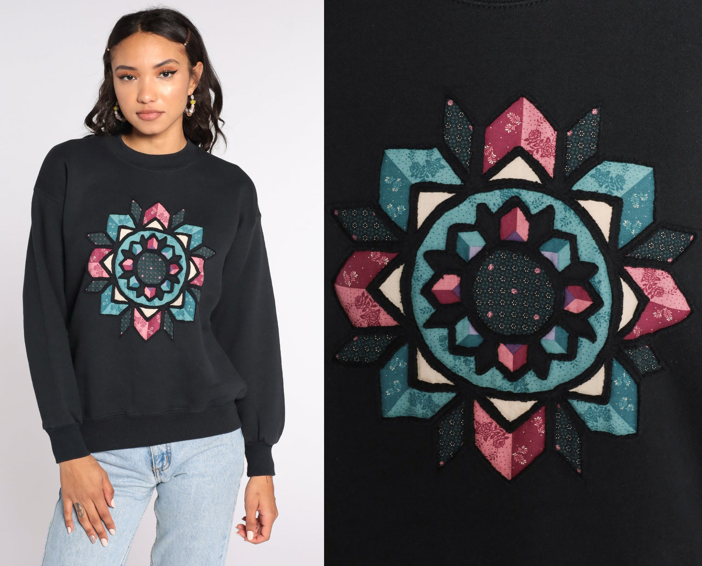 80s Mandala Geometric Print Sweatshirt Black Crewneck Pullover Medium