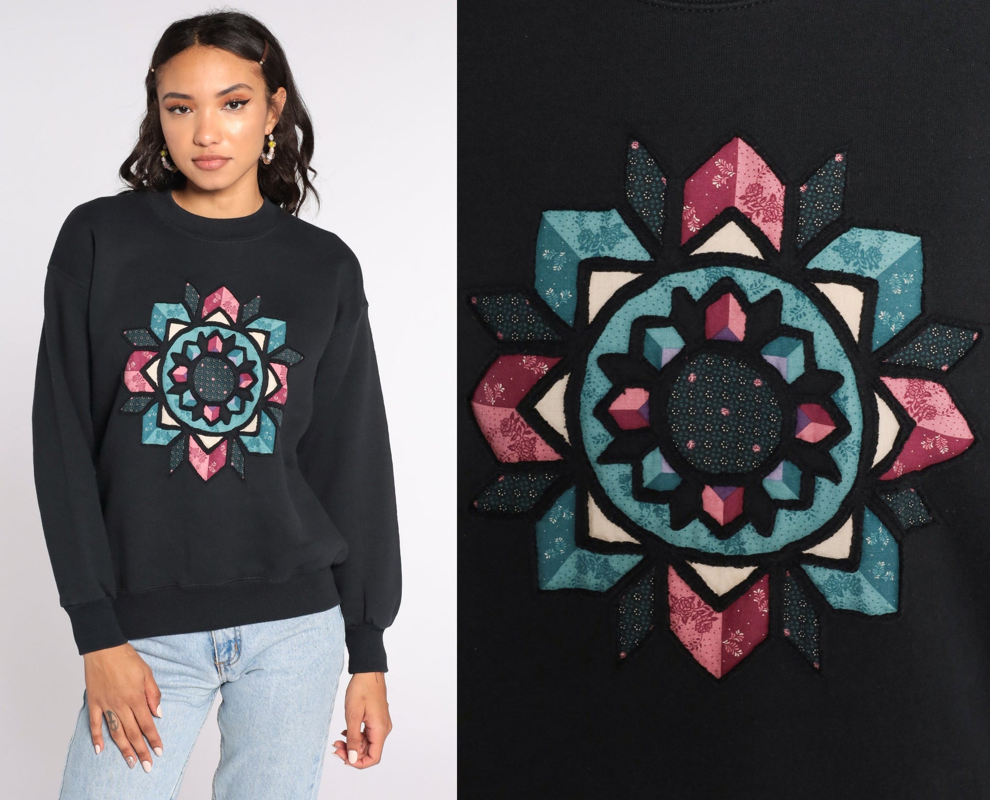 80s Mandala Geometric Print Sweatshirt Black Crewneck Pullover Medium