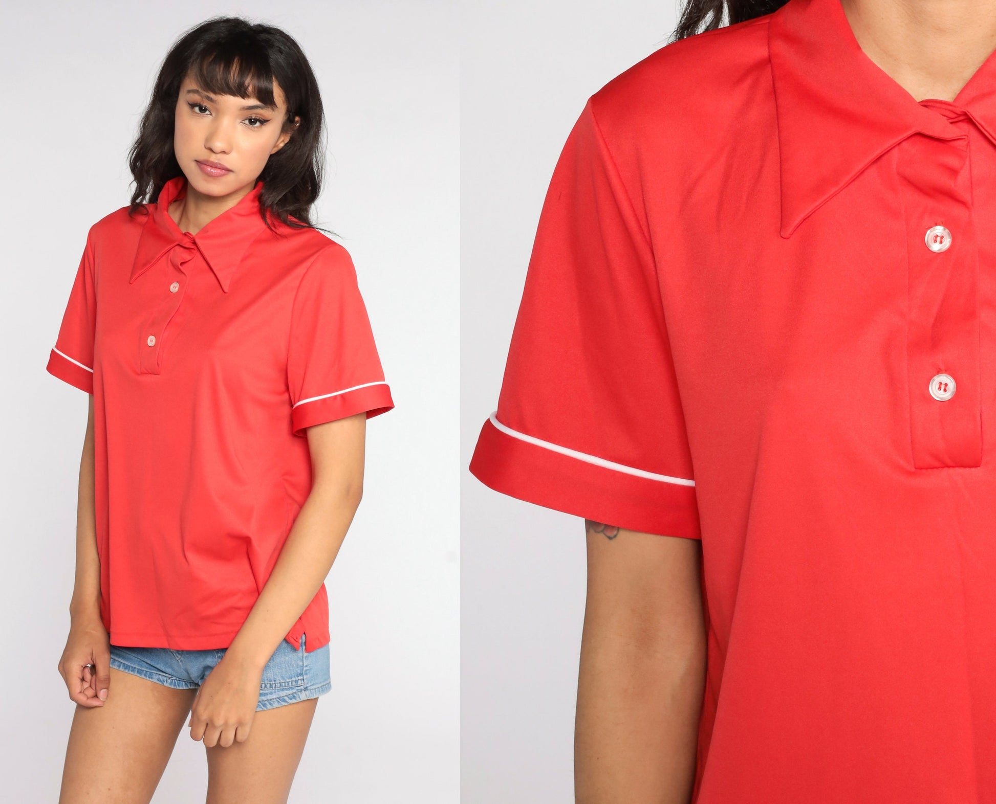 70s Red Polo Shirt Half Button Collared Short Sleeve Extra Large