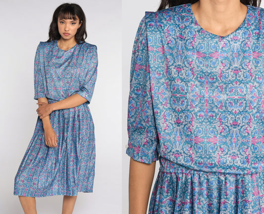 80s Blue Geometric Pleated Secretary Dress High Waist Midi 3/4 Sleeve Extra Large