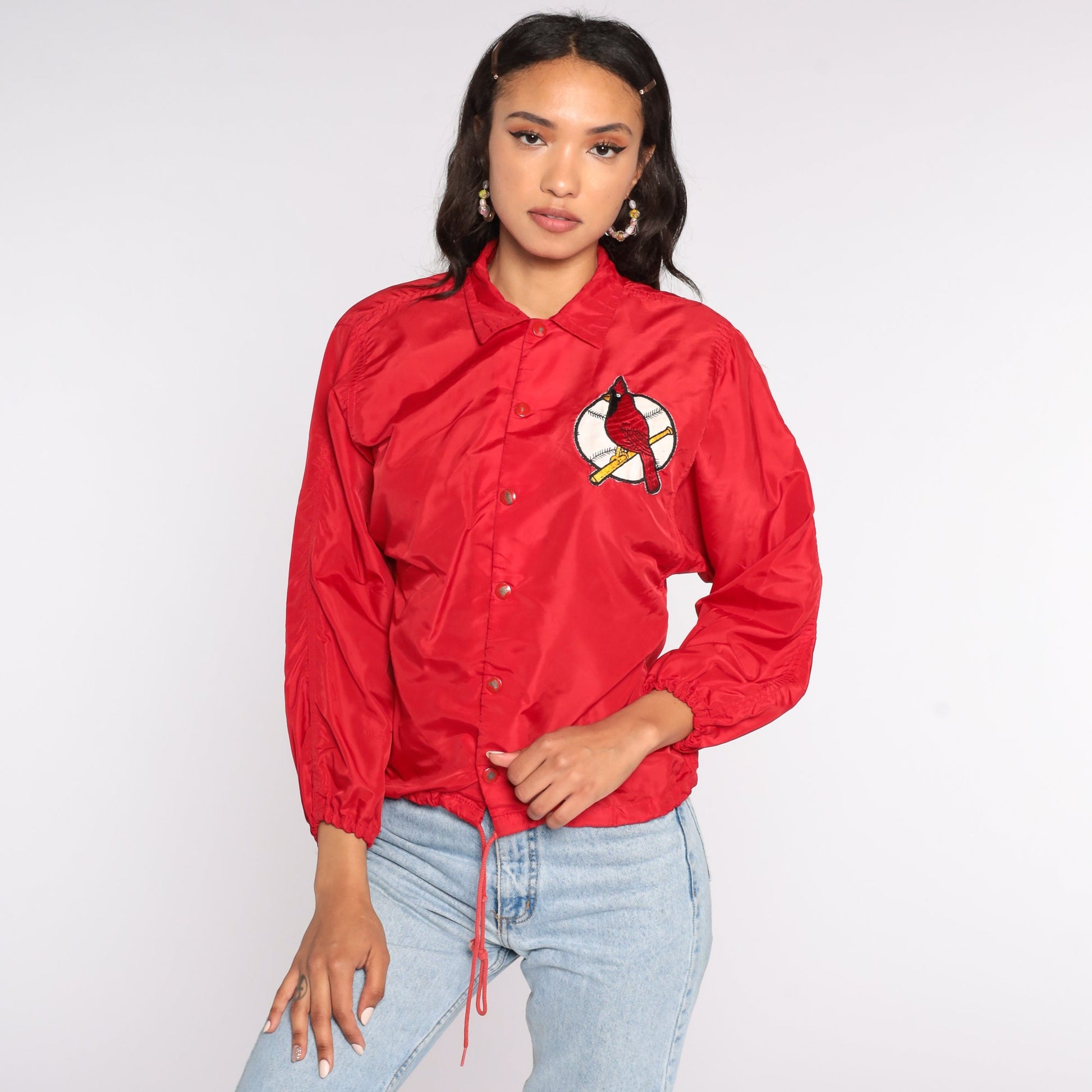 80s St Louis Cardinals MLB Snap Jacket Nylon Coach Varsity Red Extra Small