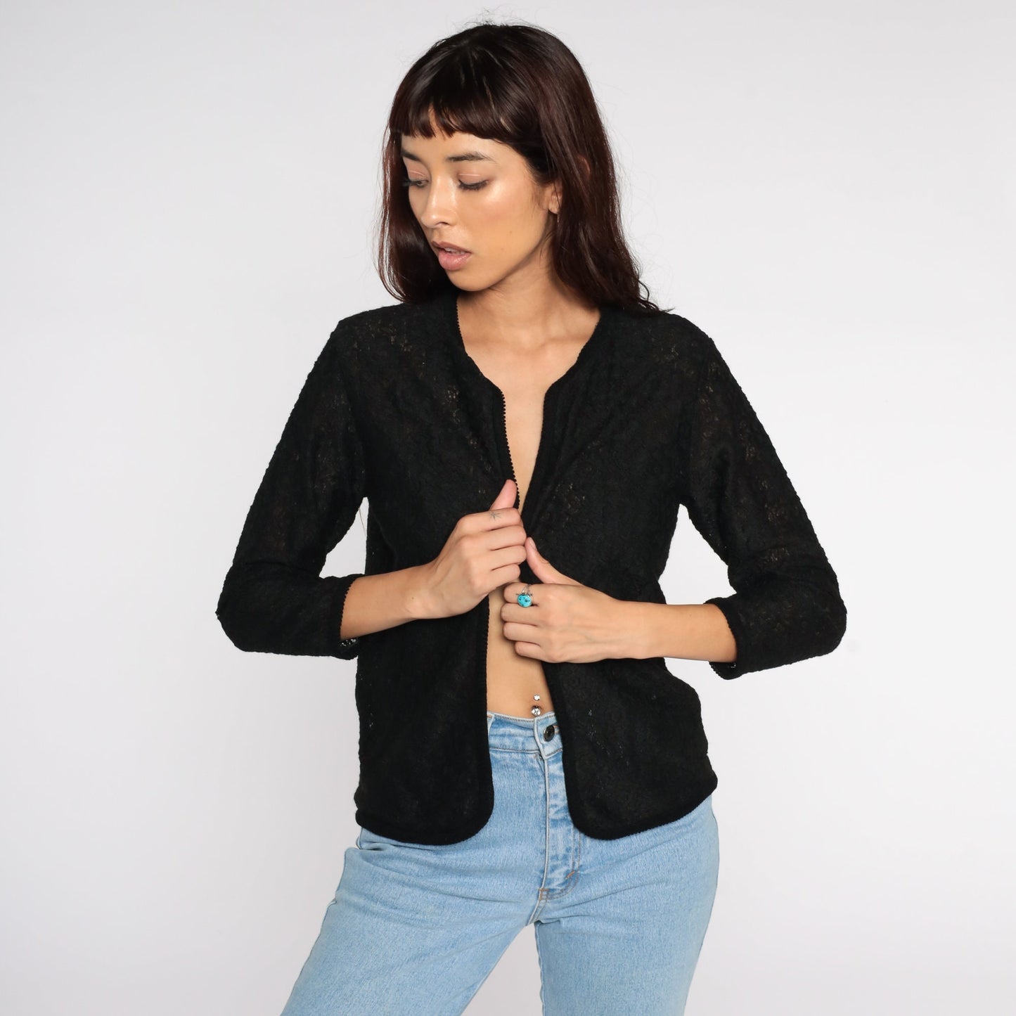 70s Black Lace Sheer Jacket Open Front Cardigan Small