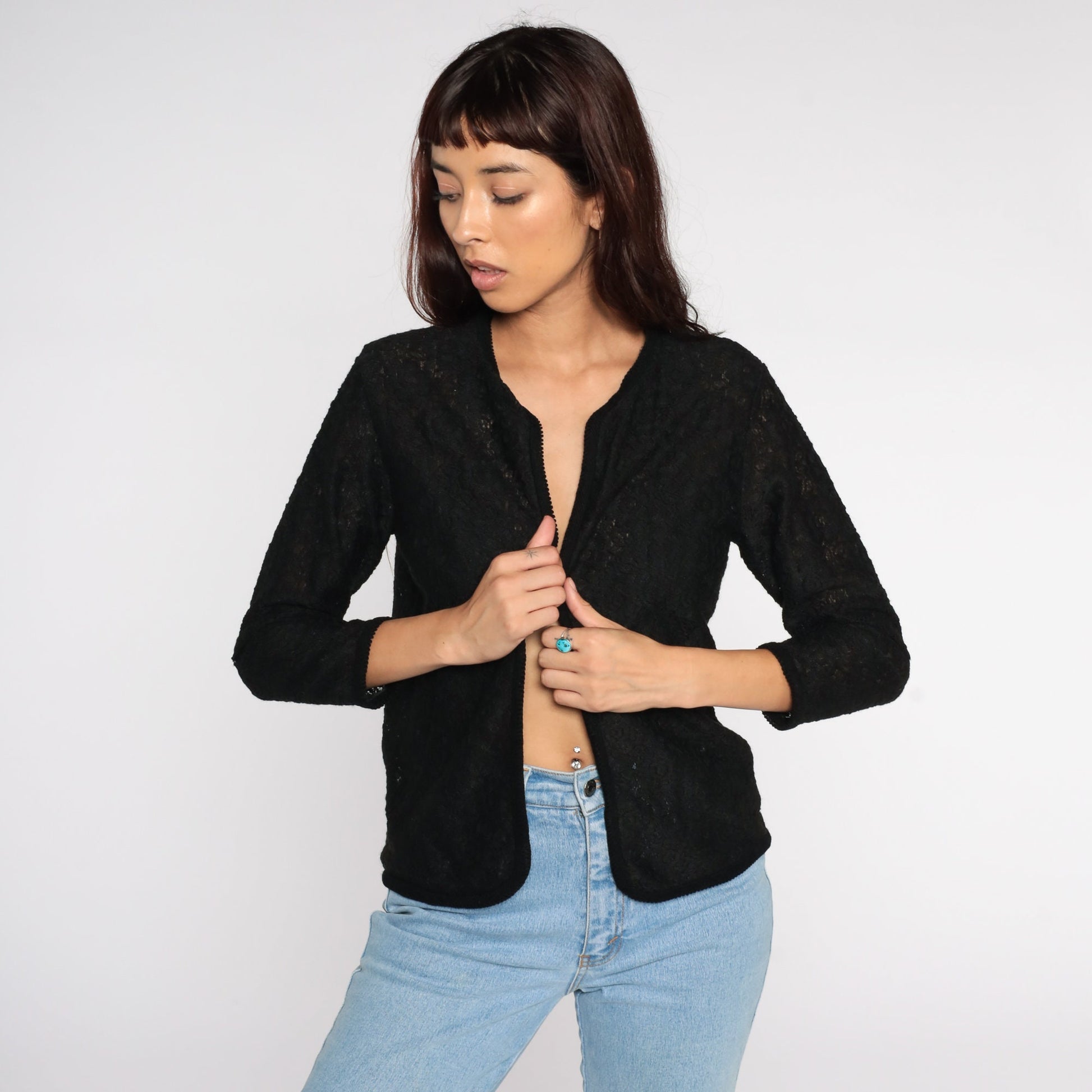 70s Black Lace Sheer Jacket Open Front Cardigan Small