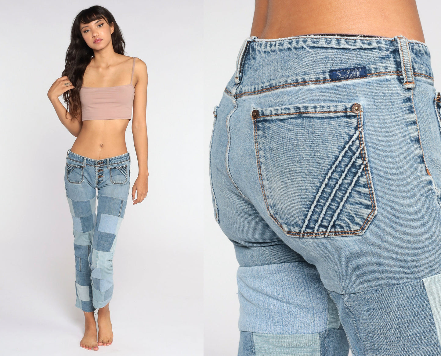 Y2K Silver Jeans Patchwork Denim Low Rise Straight Leg Extra Small XS