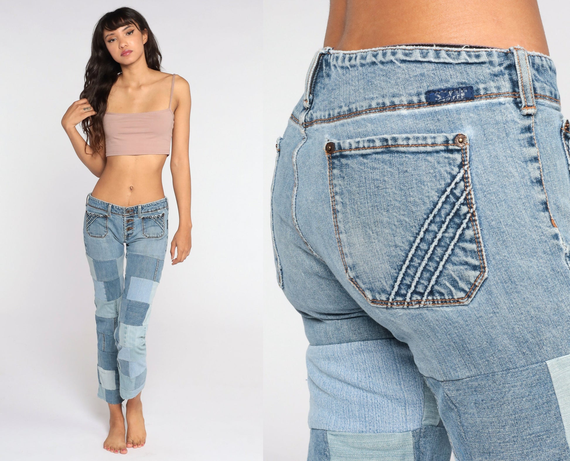 Y2K Silver Jeans Patchwork Denim Low Rise Straight Leg Extra Small XS