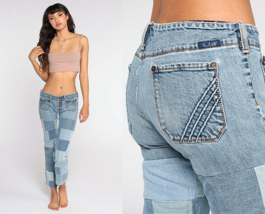 Y2K Silver Jeans Patchwork Denim Low Rise Straight Leg Extra Small XS