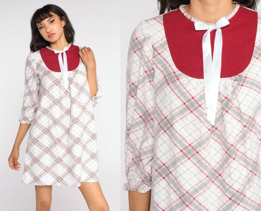 80s White Plaid Pajama Dress Bib Bow Cotton Nightgown Small