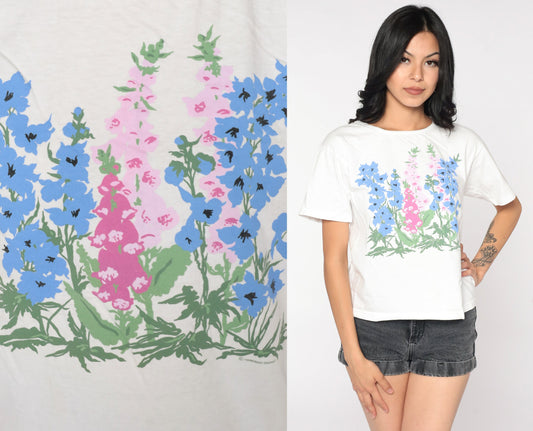 90s Floral T-Shirt White Pink Graphic Tee Cotton Small