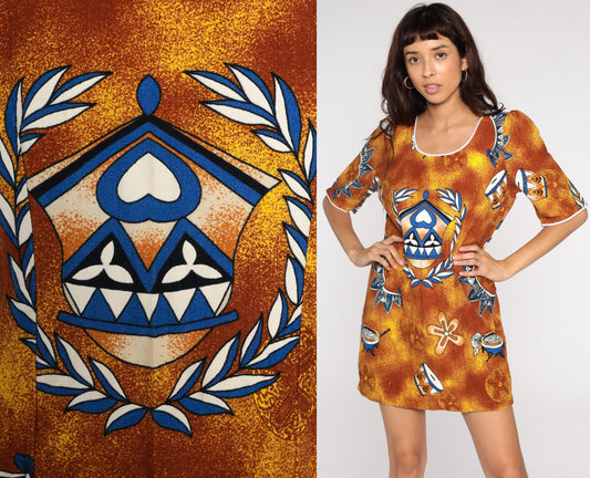 90s Drum Print Mini Dress Puff Sleeve Shift Brown Yellow Cotton Medium