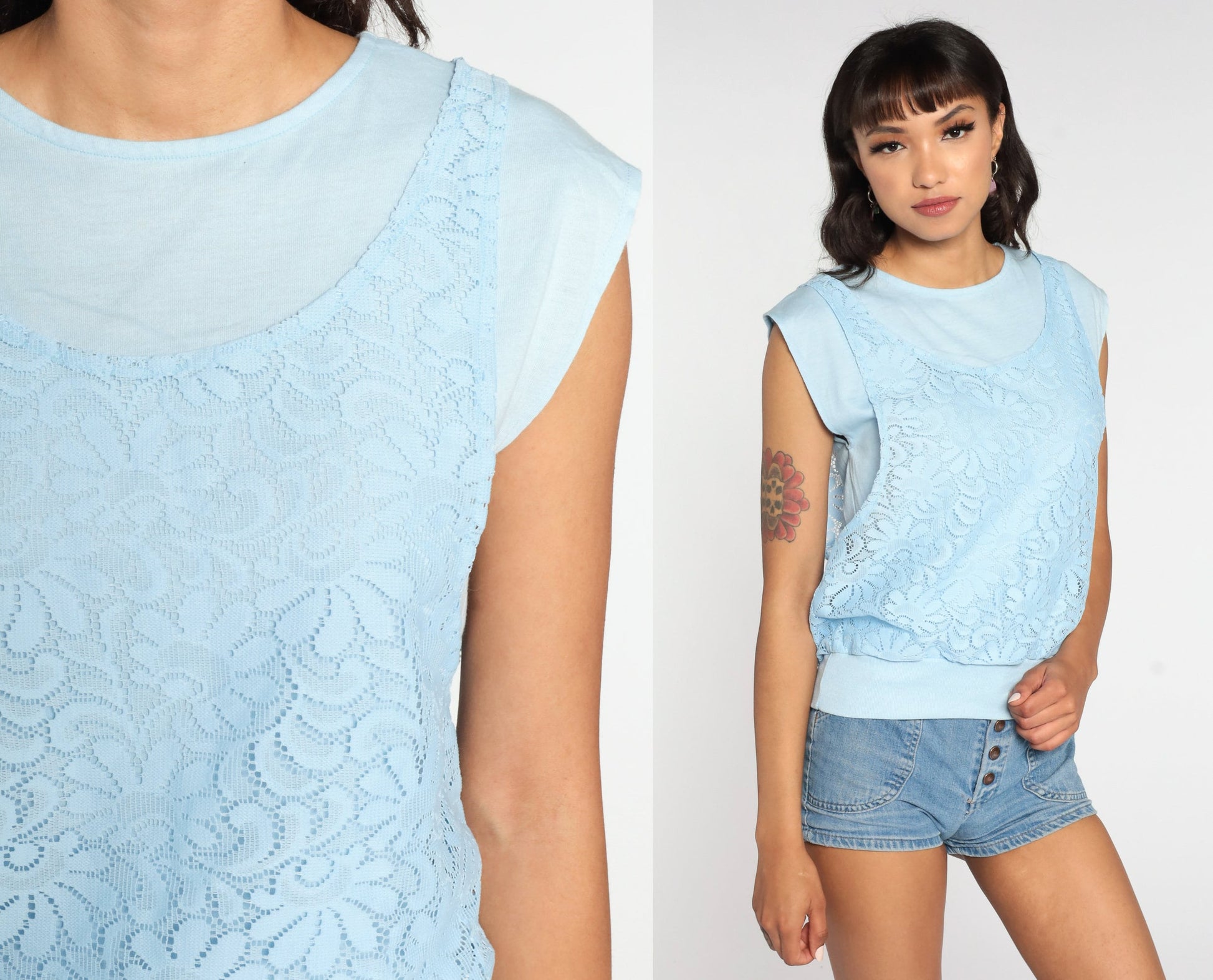 80s Baby Blue Lace Cap Sleeve Blouse with Attached Tank Small