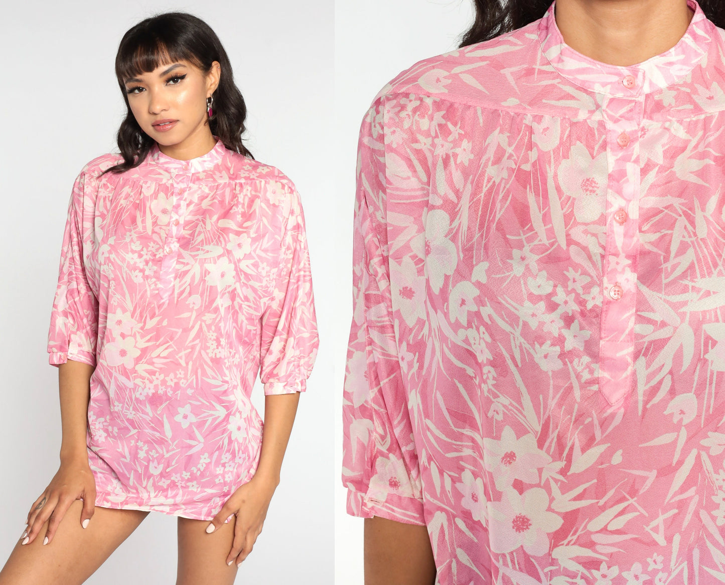 70s Sheer Floral Button-Up Blouse Pink White Three-Quarter Sleeve Medium Large