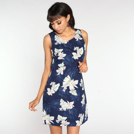 90s Blue Hawaiian Floral Mini Dress Cotton Sundress Small