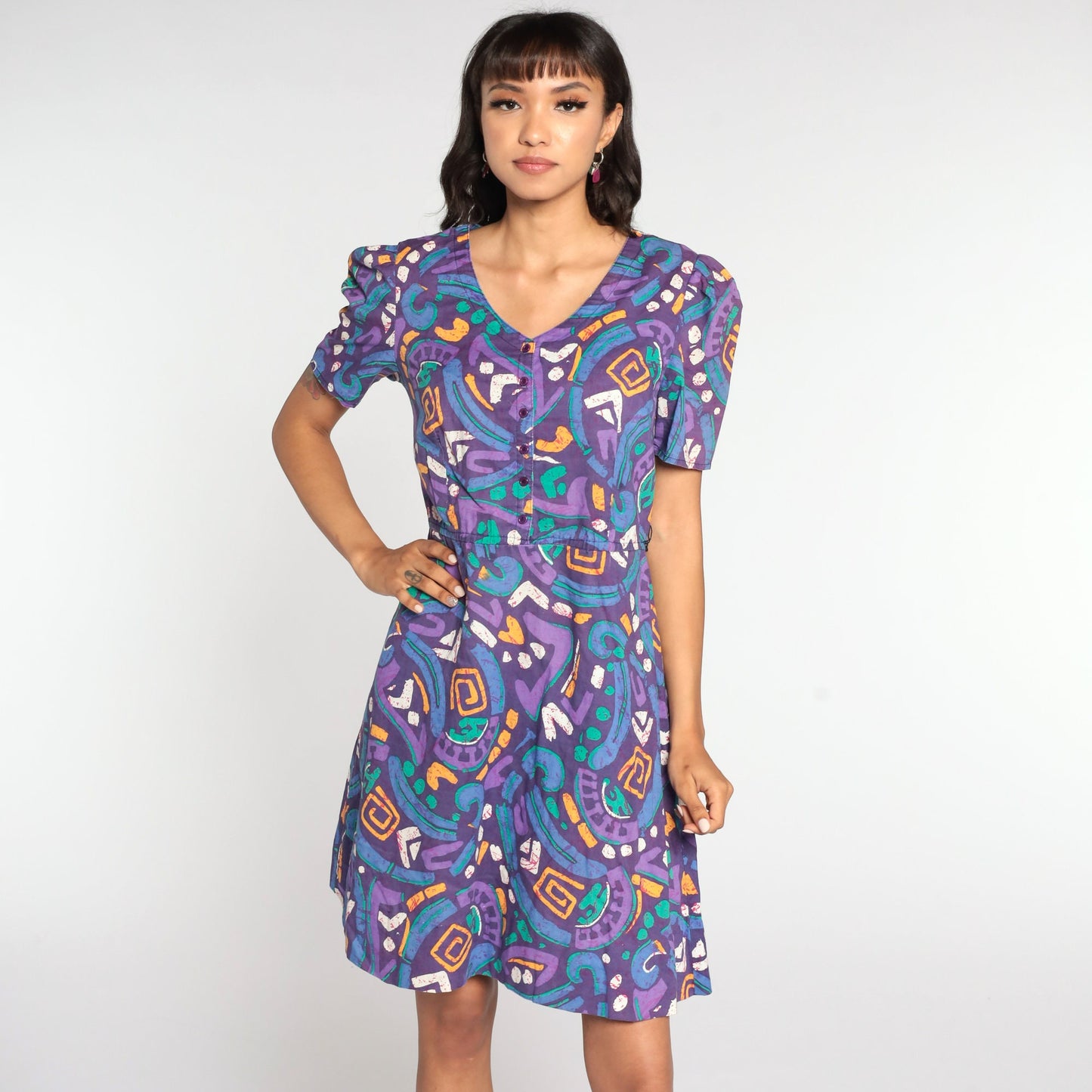 80s Tabby of California Purple Geometric Mini Dress Puff Sleeve Button Up Small