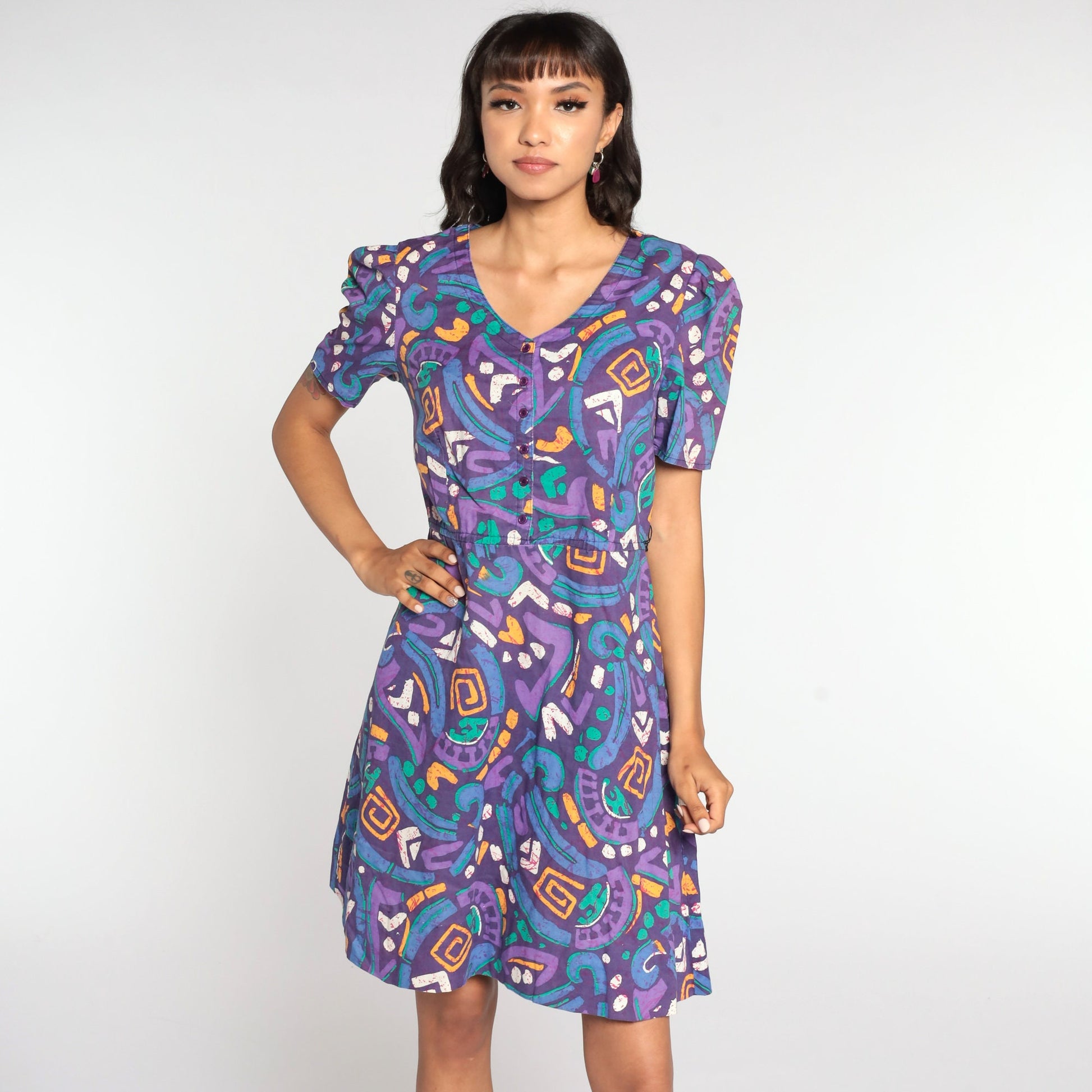 80s Tabby of California Purple Geometric Mini Dress Puff Sleeve Button Up Small