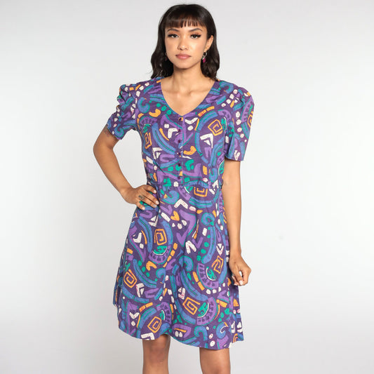 80s Tabby of California Purple Geometric Mini Dress Puff Sleeve Button Up Small