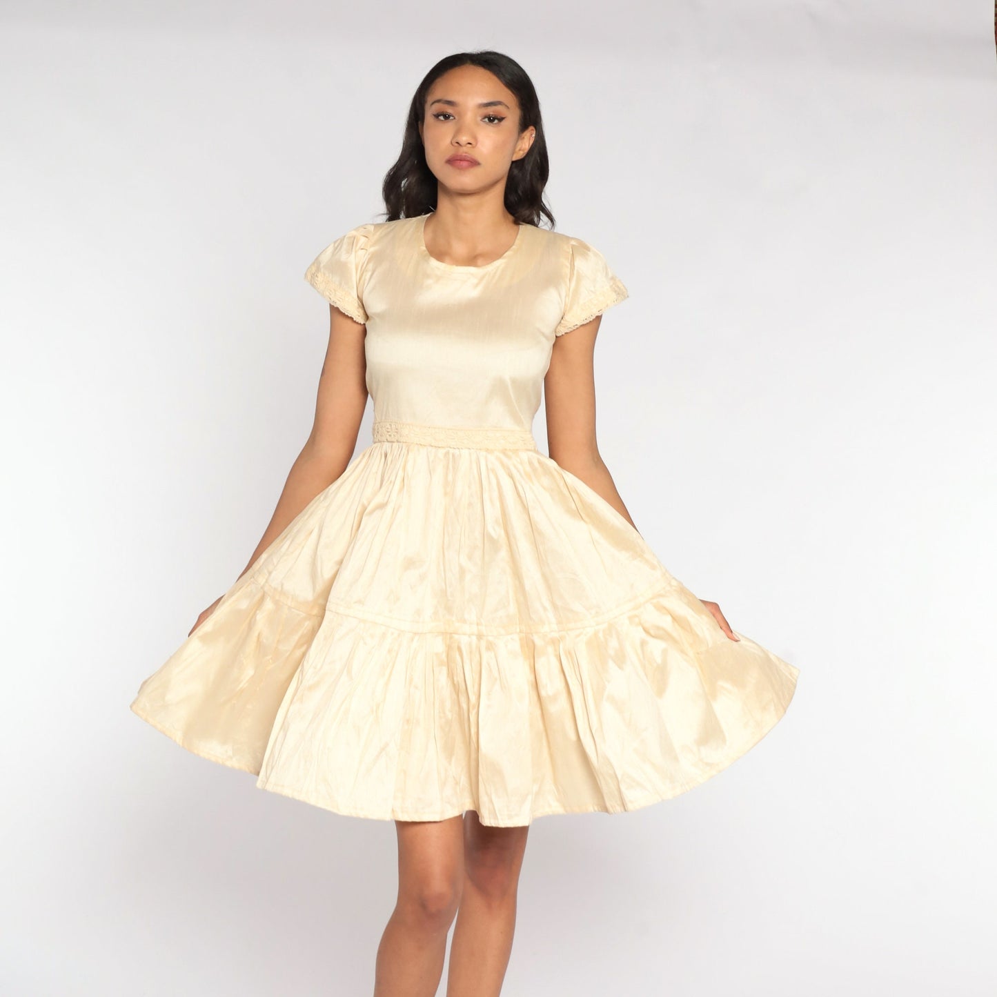 70s Cream Mini Dress Puff Sleeve High Waist Tiered Flounce Small