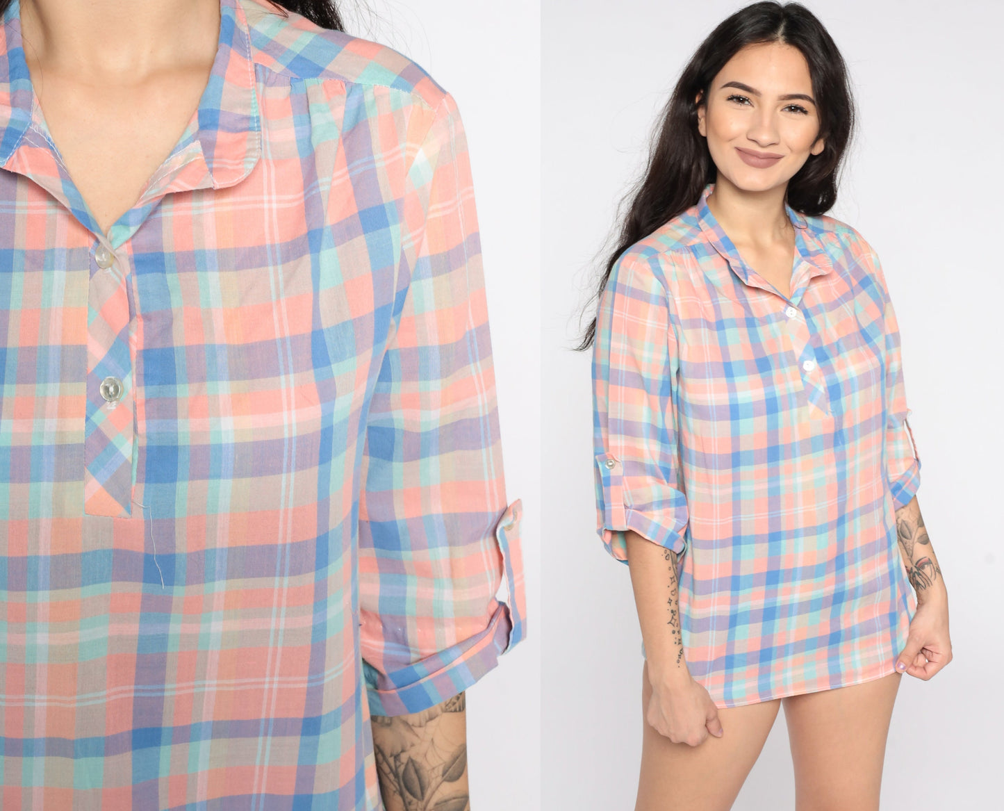 80s Pink Plaid Button-Up Blouse Checkered Cotton Shirt Medium