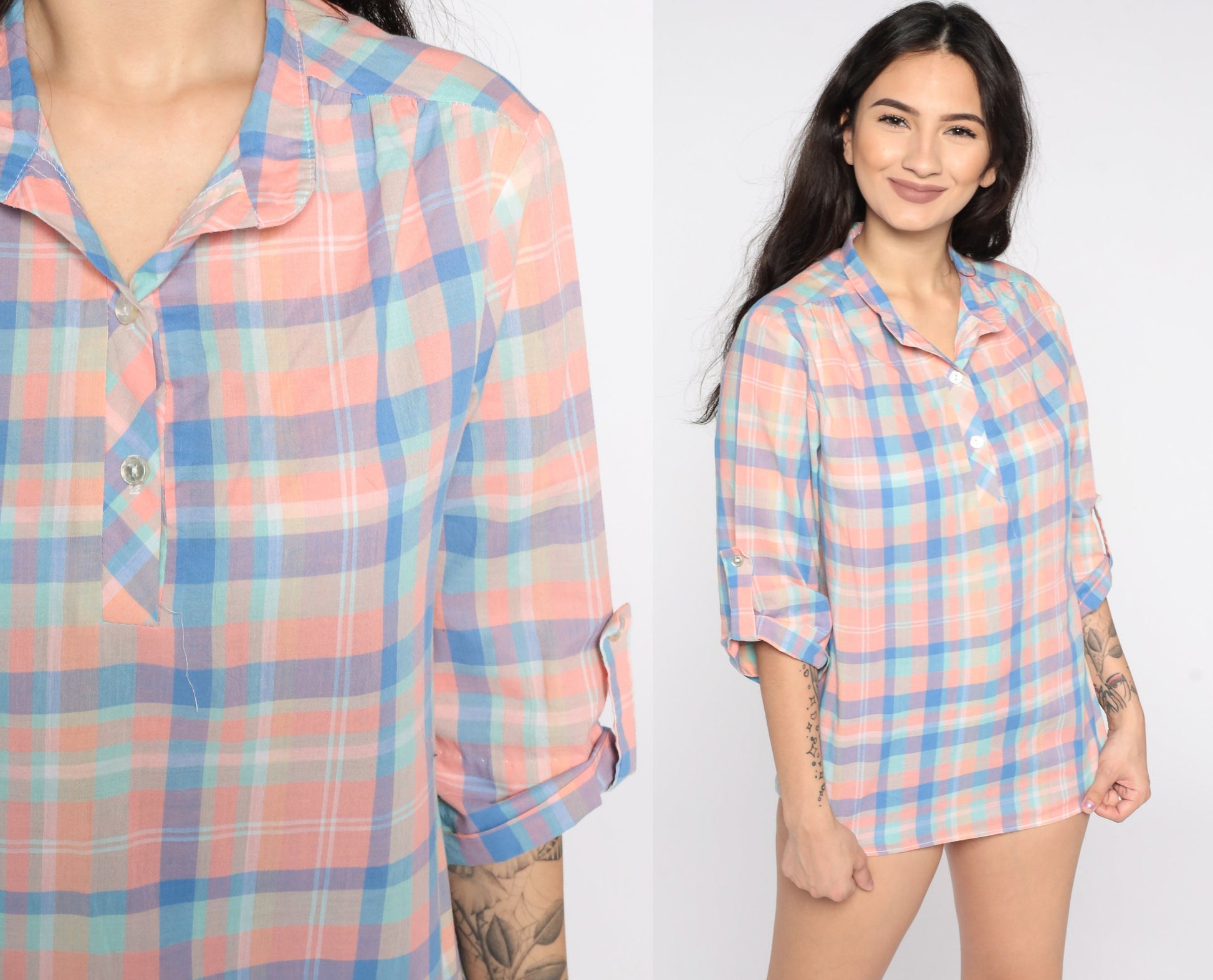 80s Pink Plaid Button-Up Blouse Checkered Cotton Shirt Medium