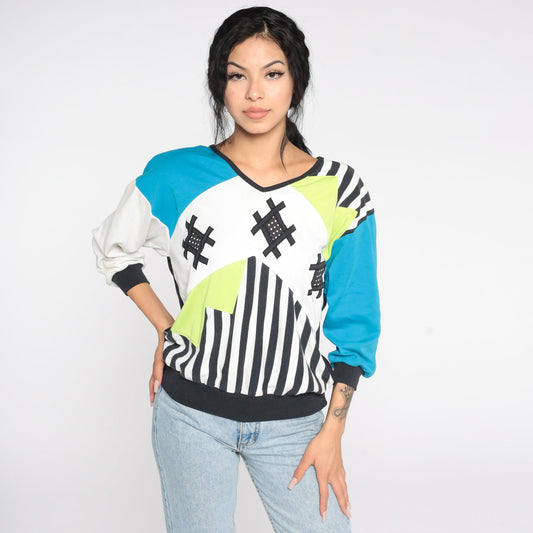 80s Colour Block Striped Sweatshirt Blue Green Crewneck Pullover Small