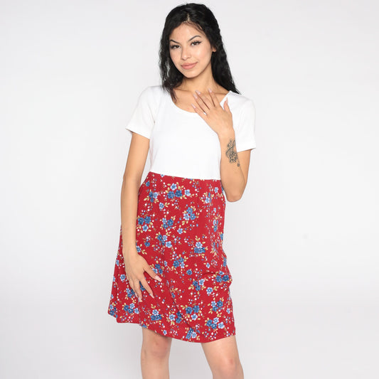 90s Bobbie Brooks Floral Mini Dress Red White High Waist Small