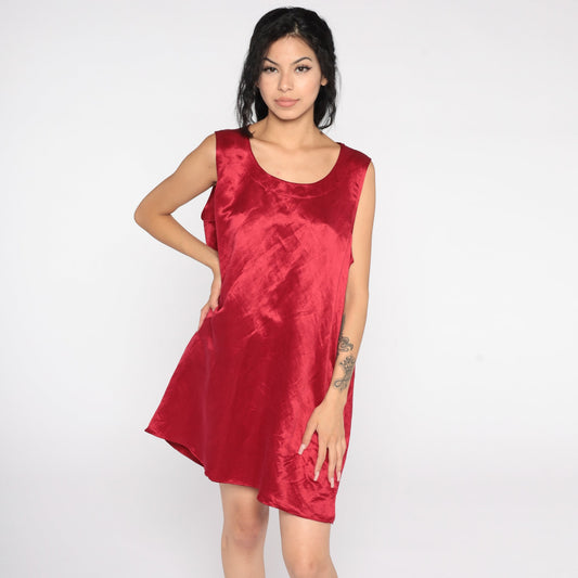 90s Red Satin Mini Slip Dress Sheath Sleeveless Cocktail Large L