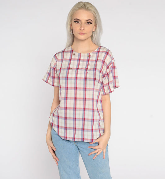 80s Koret Plaid Button-Up Blouse White Pink Cap Sleeve Medium