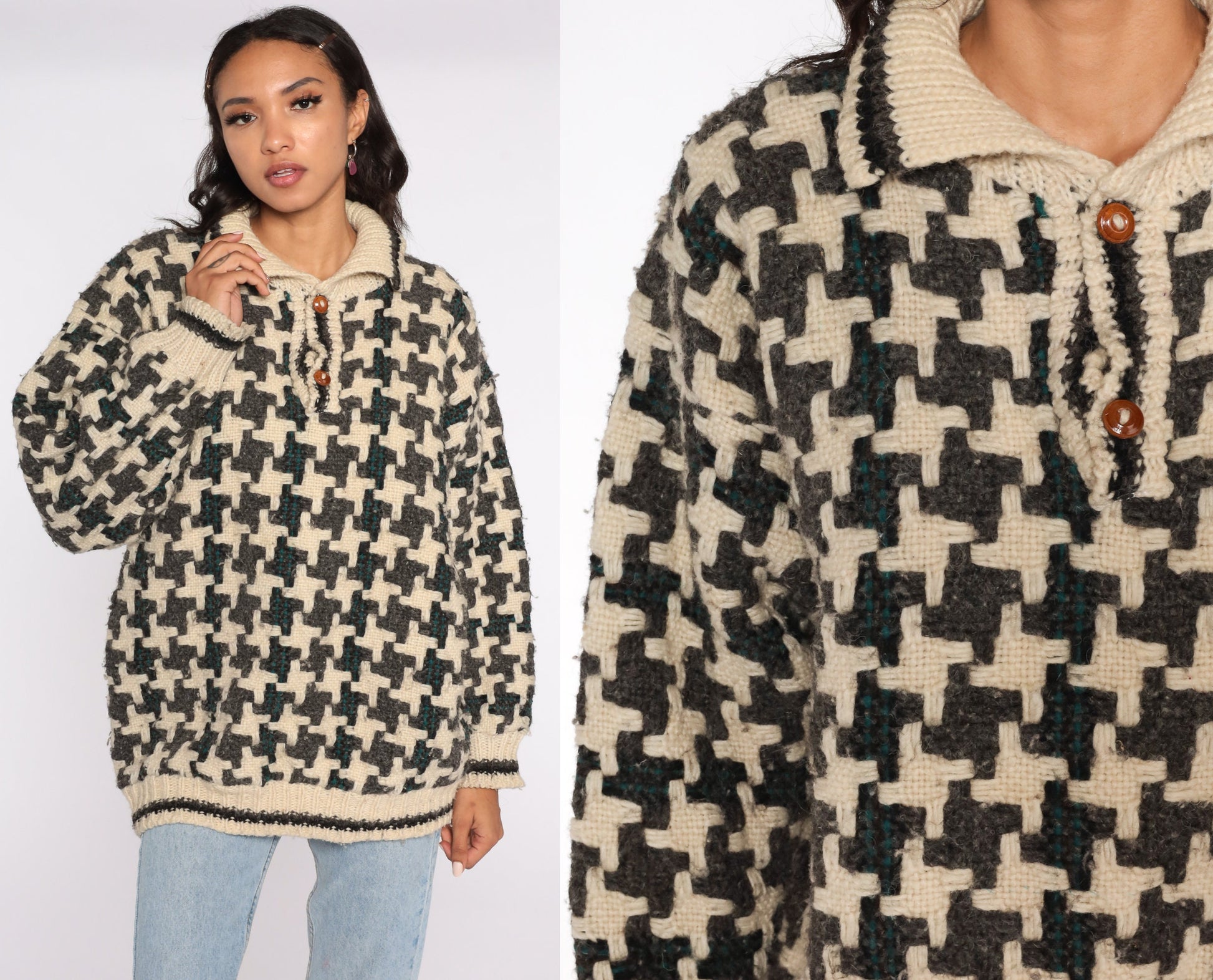 80s Wool Geometric Houndstooth Sweater Cream Grey Pullover Large
