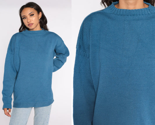 80s Blue Wool Pullover Sweater Men's Large Knit Jumper