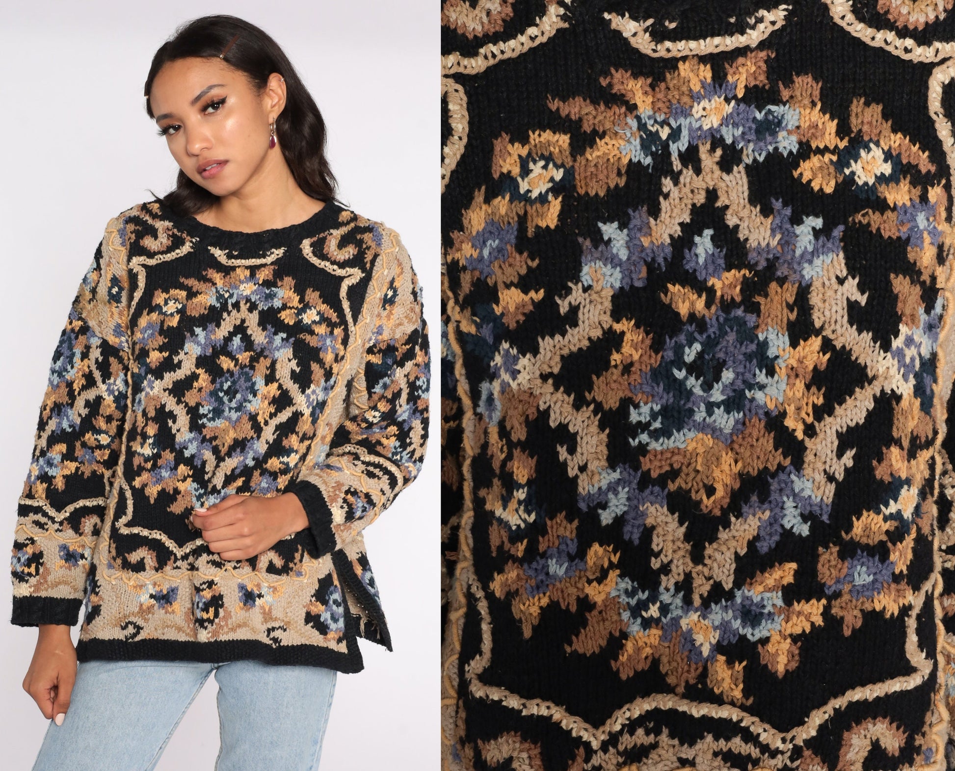 90s Black Floral Print Sweater Cotton Ramie Knit Pullover Large L