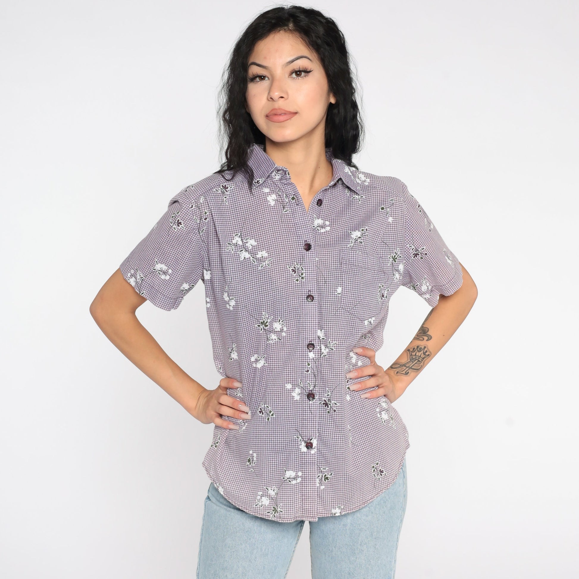 90s Purple Gingham Floral Button-Up Shirt Short Sleeve Small Petite