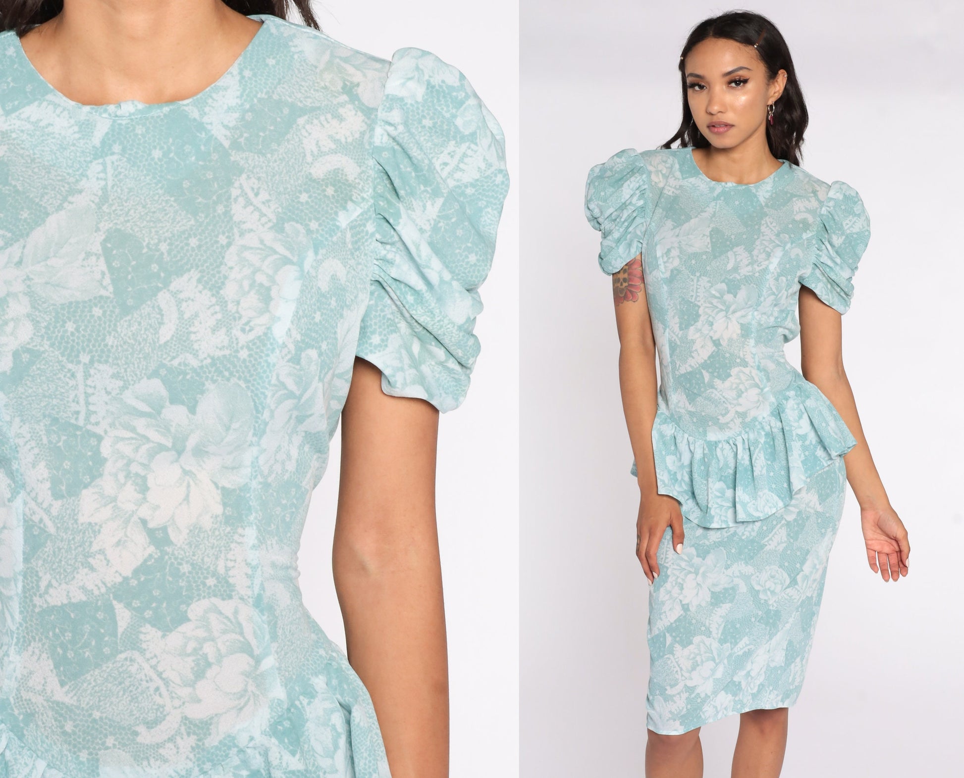 80s Blue-Green Floral Peplum Midi Dress Puff Sleeve Pencil Small