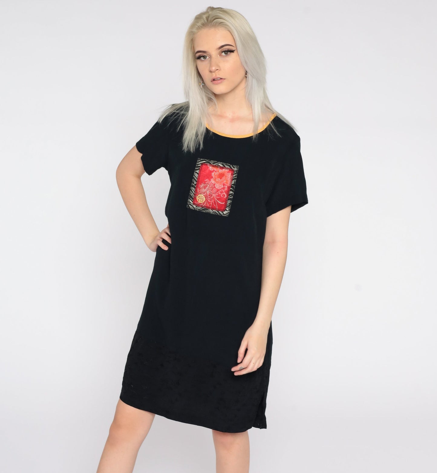 90s Black Mini Shift Dress Floral Embroidery Short Sleeve Small S