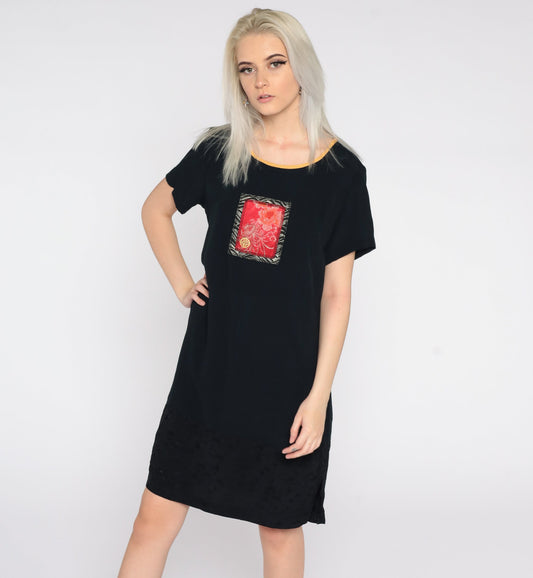 90s Black Mini Shift Dress Floral Embroidery Short Sleeve Small S