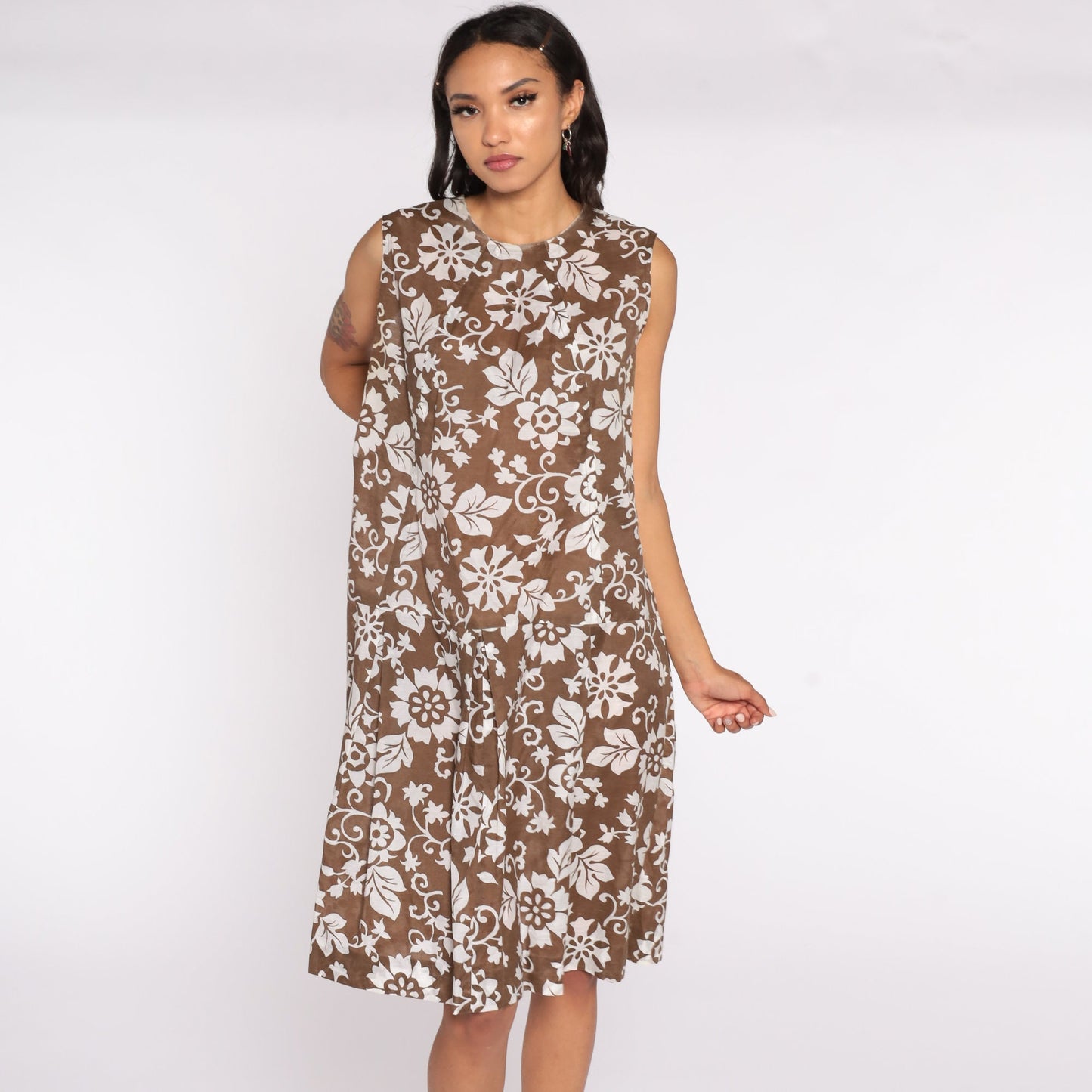 60s Mod Floral Drop Waist Midi Dress Pleated Sleeveless Brown Extra Large XL