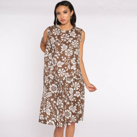 60s Mod Floral Drop Waist Midi Dress Pleated Sleeveless Brown Extra Large XL
