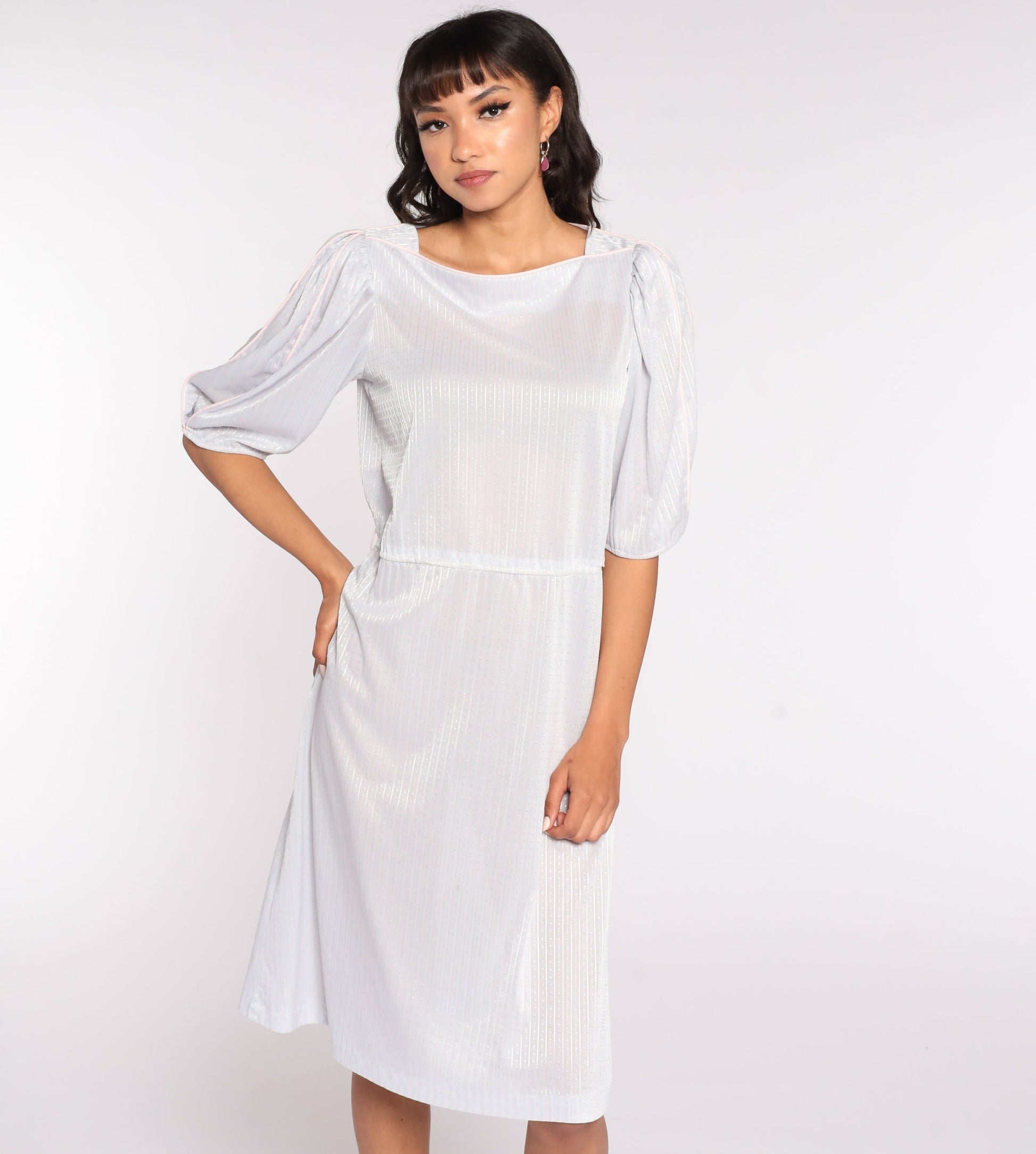 80s Grey Striped Puff Sleeve Midi Dress Semi-Sheer Medium