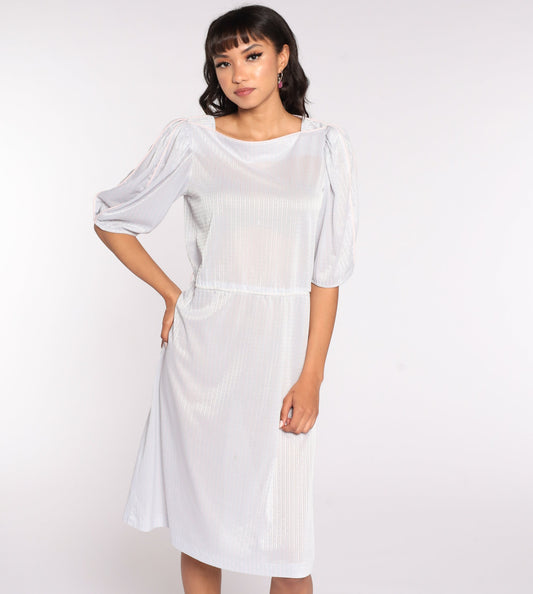80s Grey Striped Puff Sleeve Midi Dress Semi-Sheer Medium