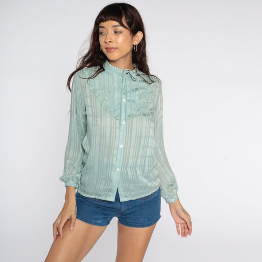 80s Blue Striped Floral Ascot Blouse Embroidered Sheer Button Up Small