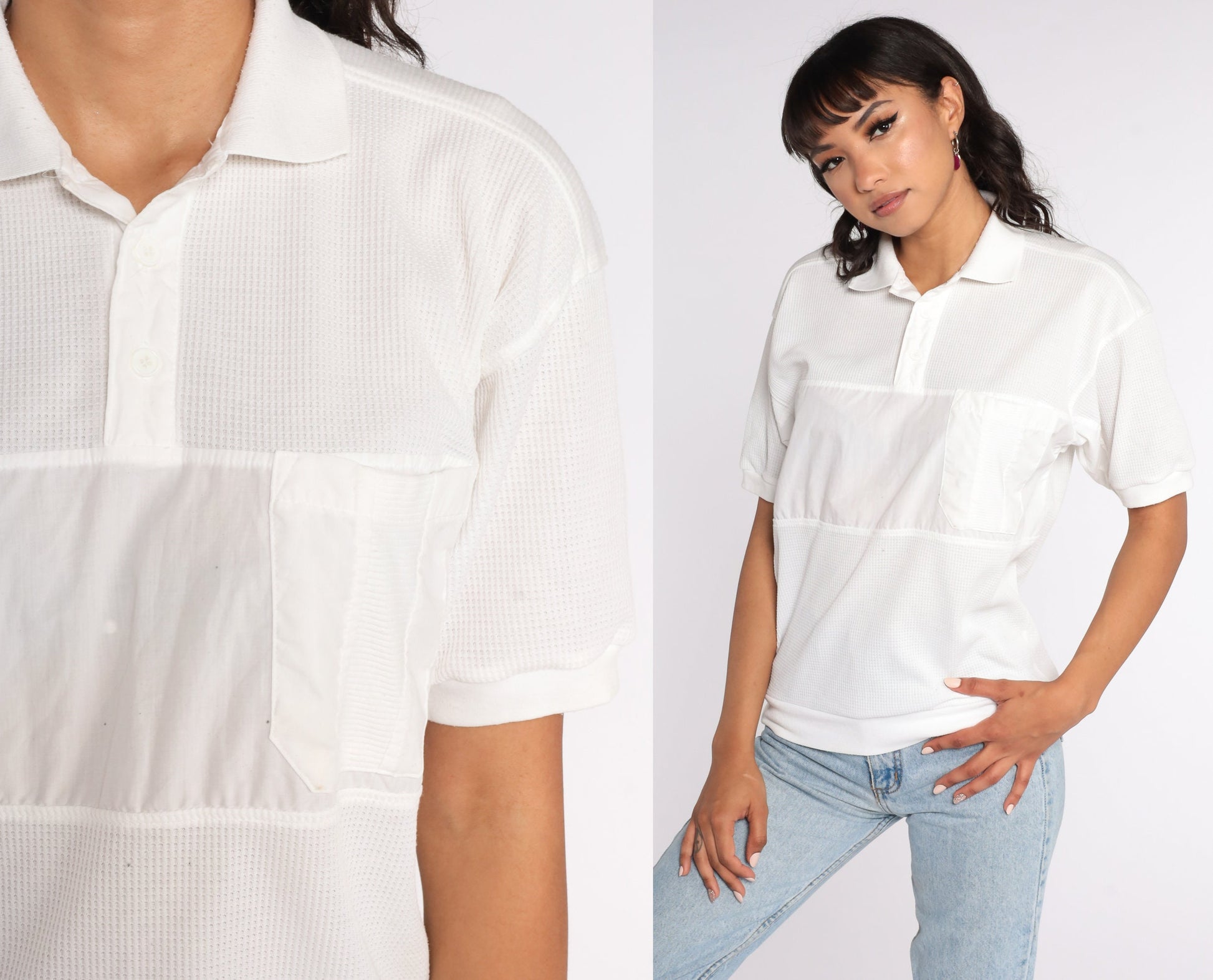 80s White Button Neck Short Sleeve Shirt Cotton Blend Small S