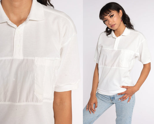 80s White Button Neck Short Sleeve Shirt Cotton Blend Small S
