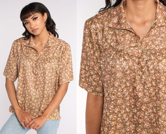 70s Brown Floral Button-Up Shirt Short Sleeve Blouse Large L
