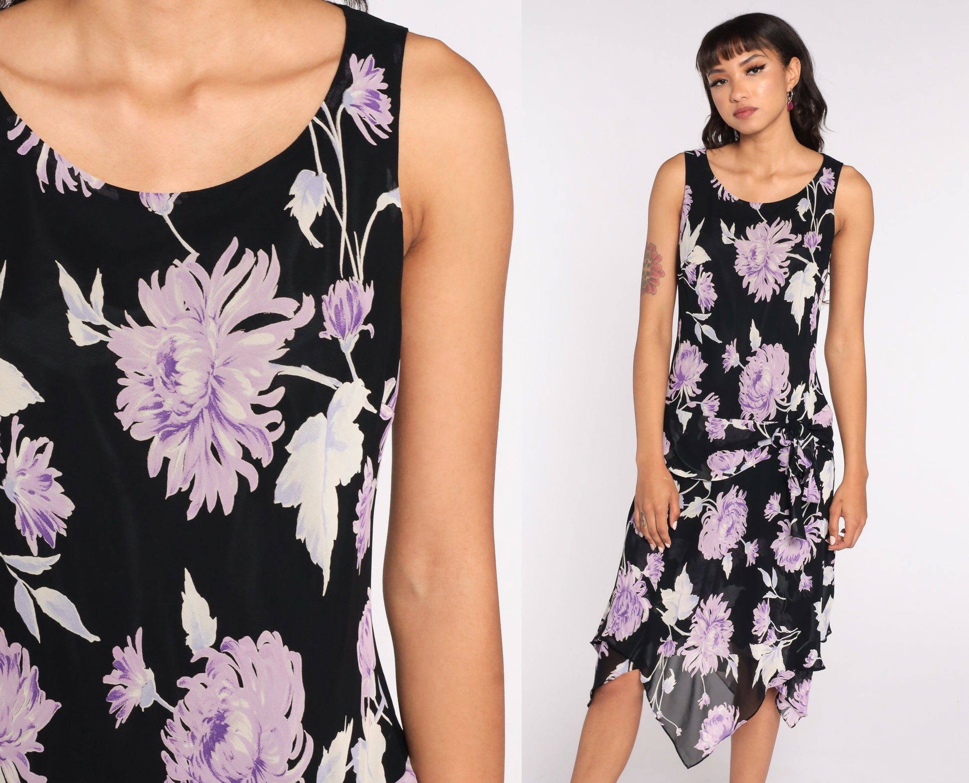 90s Evan Picone Floral High-Low Dress Black Purple Midi Medium