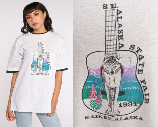 1991 Alaska State Fair Wolf Sunset Graphic T-Shirt Grey Extra Large XXL