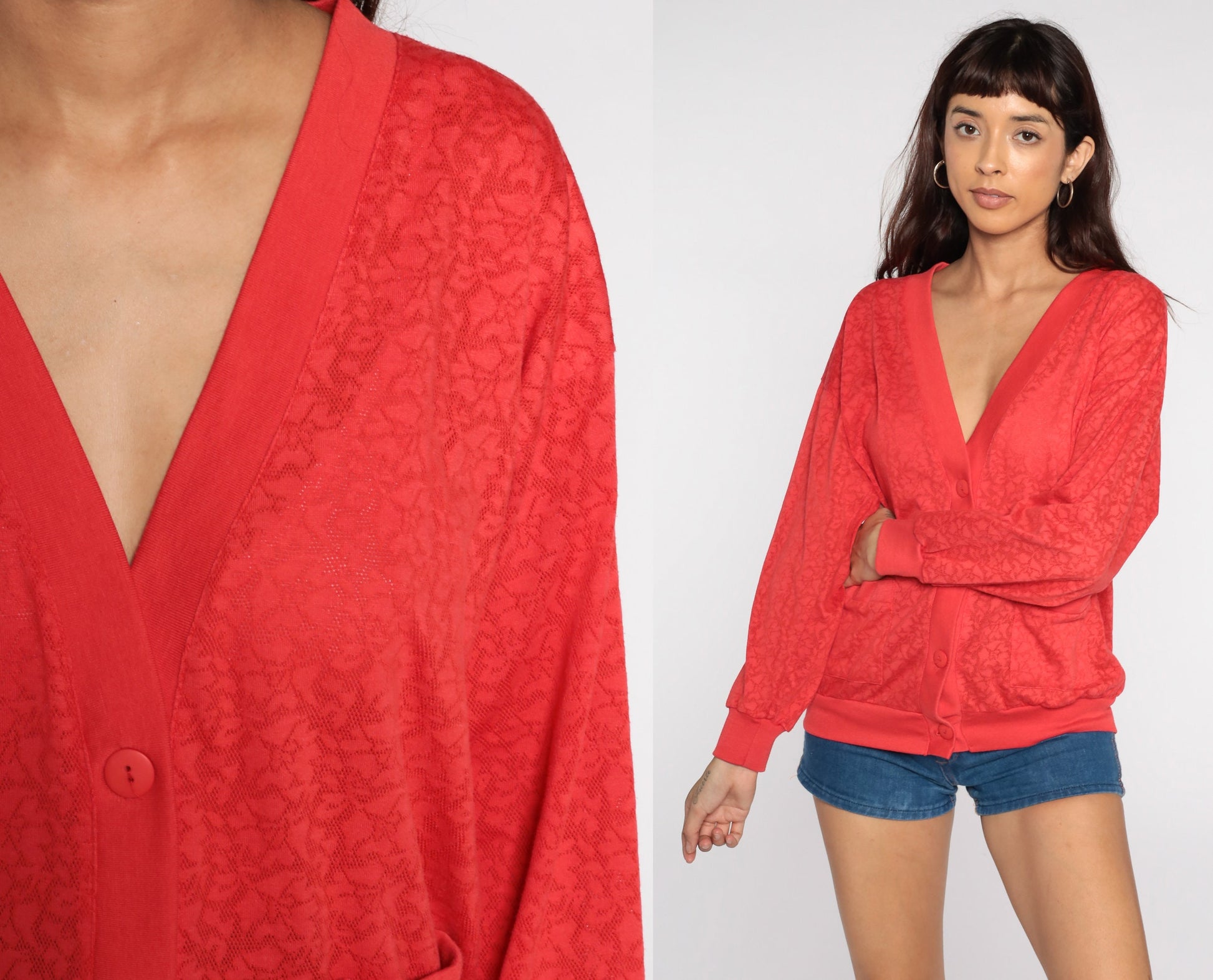 80s Red Floral Cardigan Sweatshirt Semi-Sheer Button-Up Medium Large