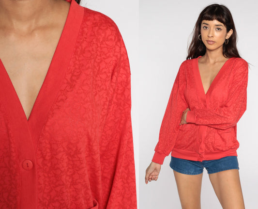 80s Red Floral Cardigan Sweatshirt Semi-Sheer Button-Up Medium Large