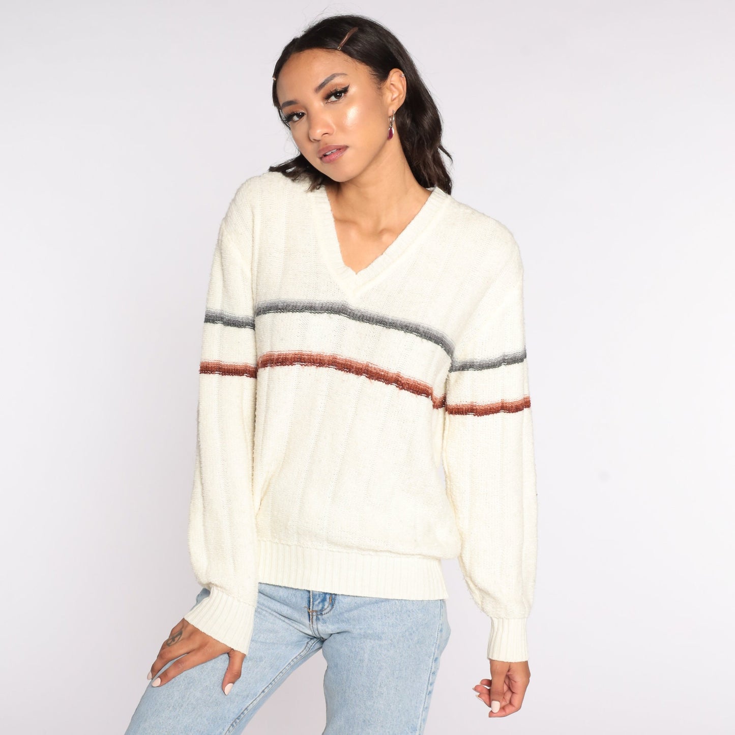 70s Kennington Striped V-Neck Sweater Cream Brown Medium Large