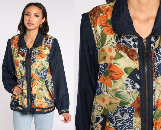 90s Silk Windbreaker Jacket Floral Print Black Tan Medium