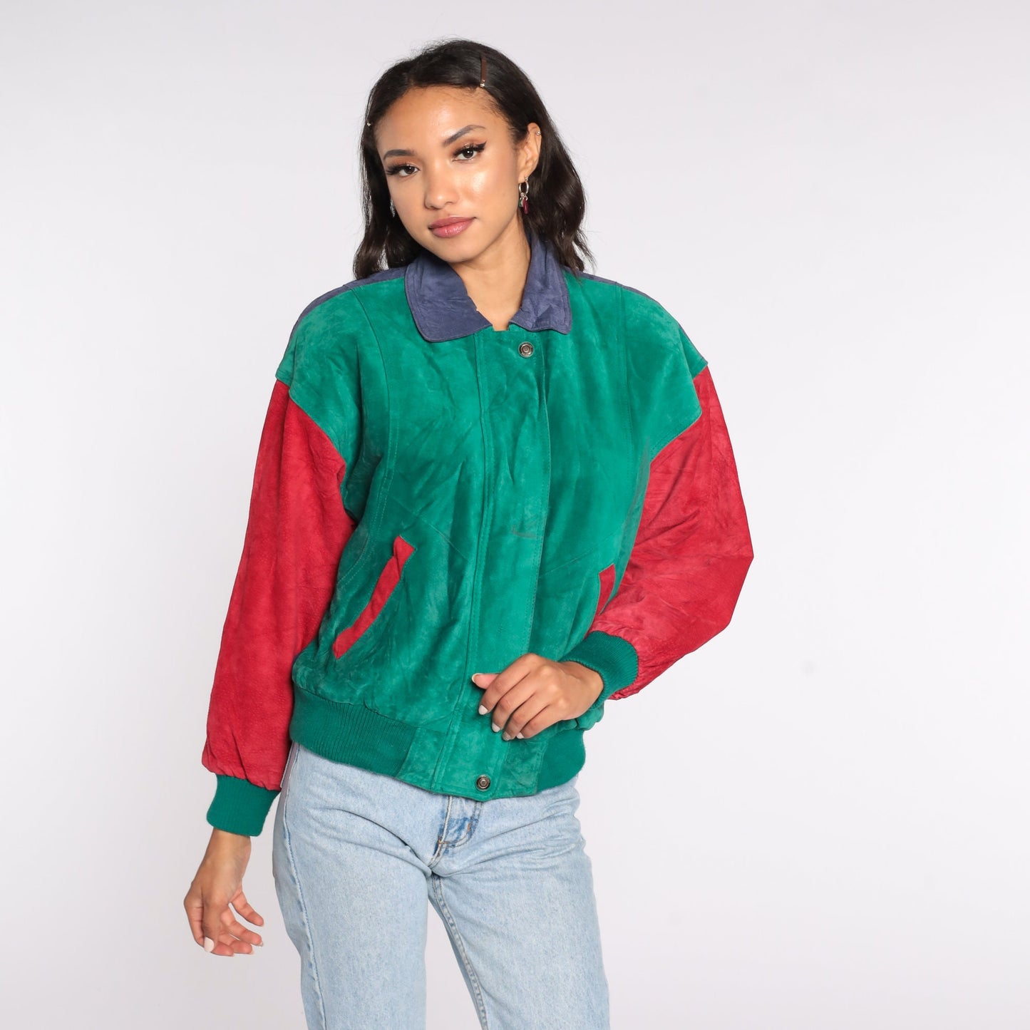 90s Wilsons Suede Varsity Jacket Colour Block Green Red Blue Small S