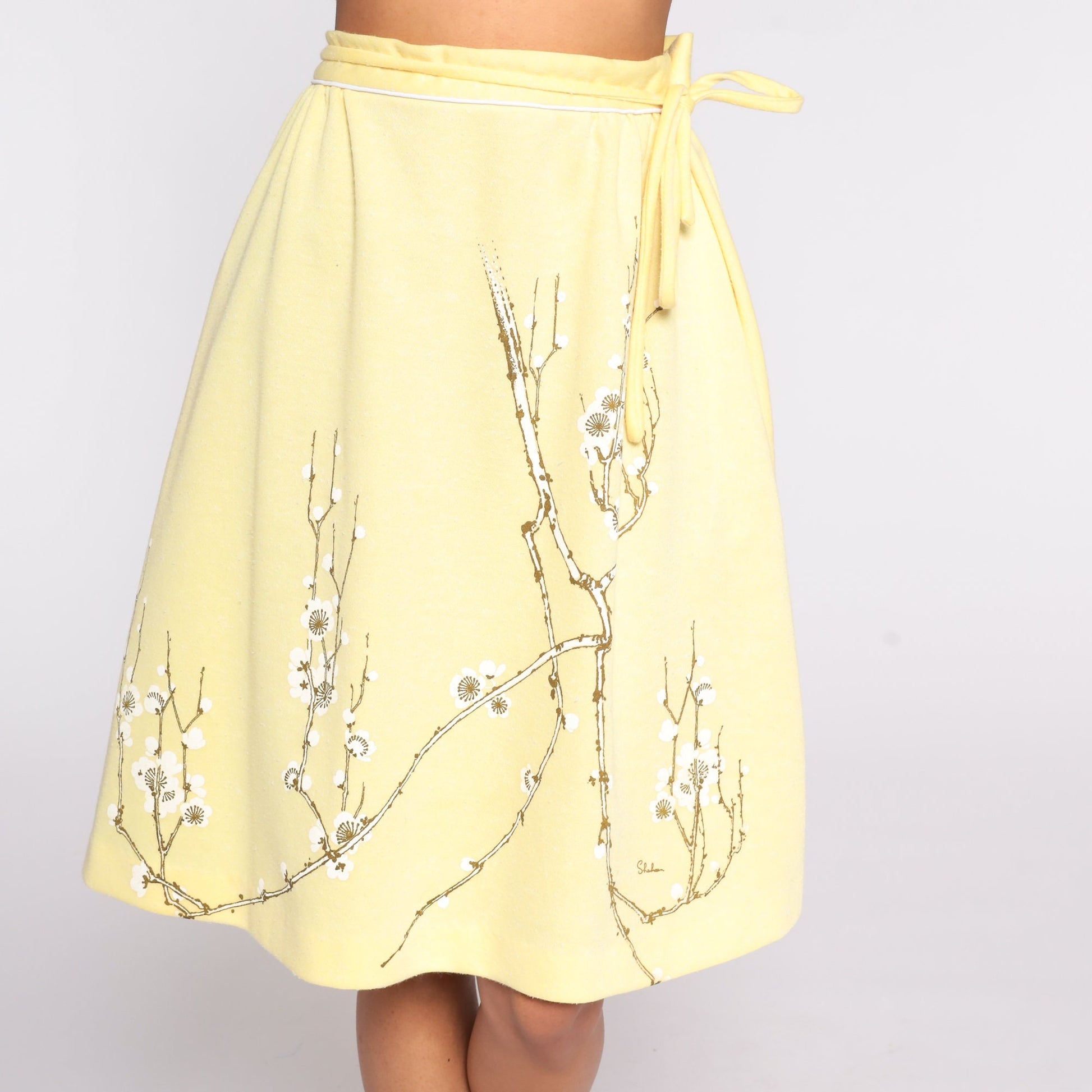 70s Alfred Shaheen Floral Midi Skirt Yellow High Waisted Extra Small